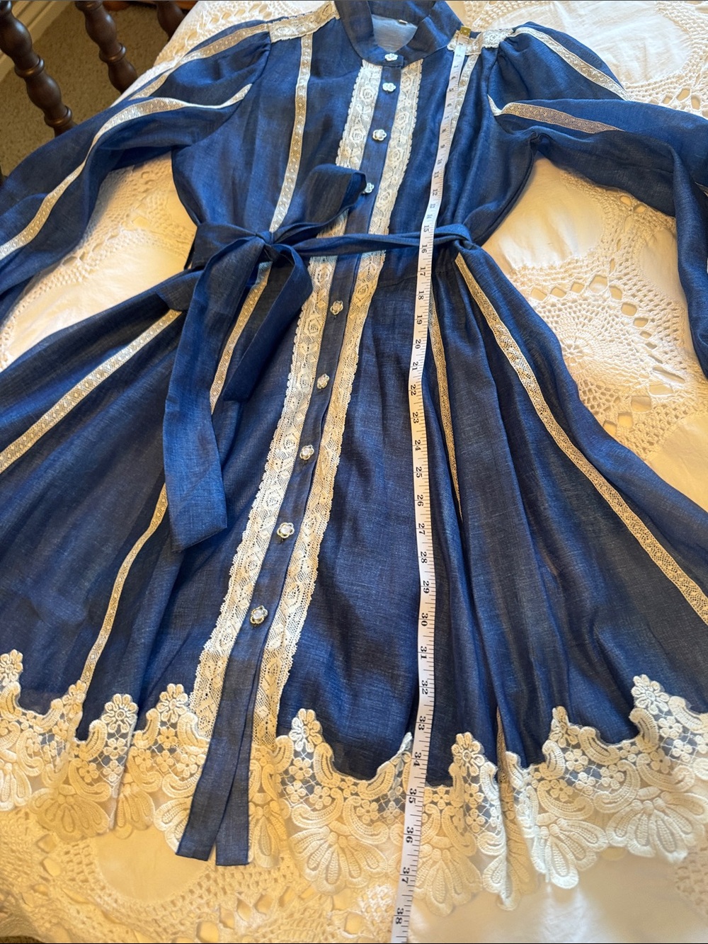 Blue Sunday Brunch dress with Lace-Trim Button-Front and Waist Tie - Picture 2 of 11